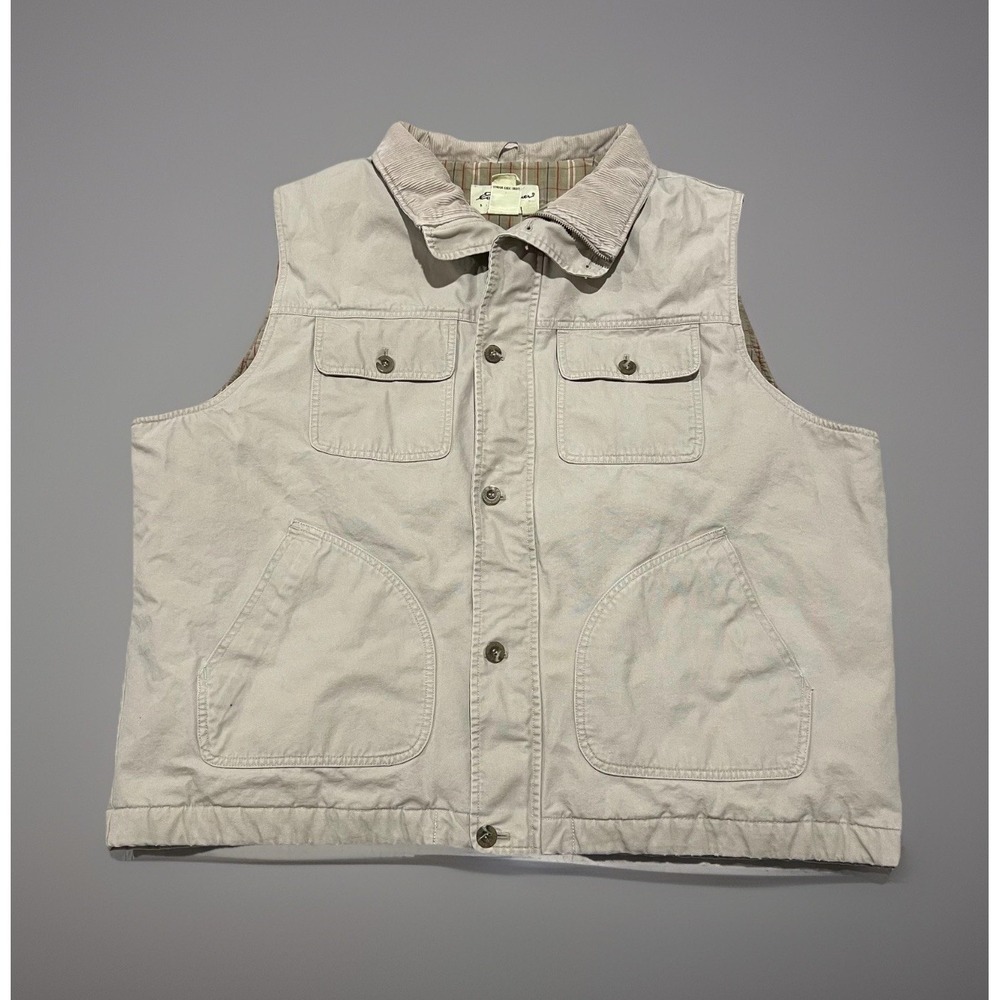 VTG Mens Eddie Bauer Beige Full Zip Cotton Corduroy Goose Down Puffer Vest XXL